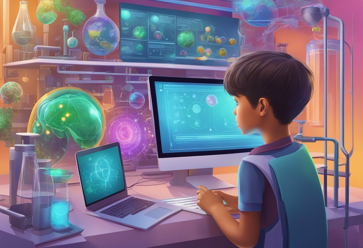 Interactive Biology Resources: Engaging Young Learners with Hands-on Activities for Primary Schools Biology resources,Biology LearningMole Biology resources: A young learner interacts with virtual biology resources in a colorful, futuristic laboratory setting