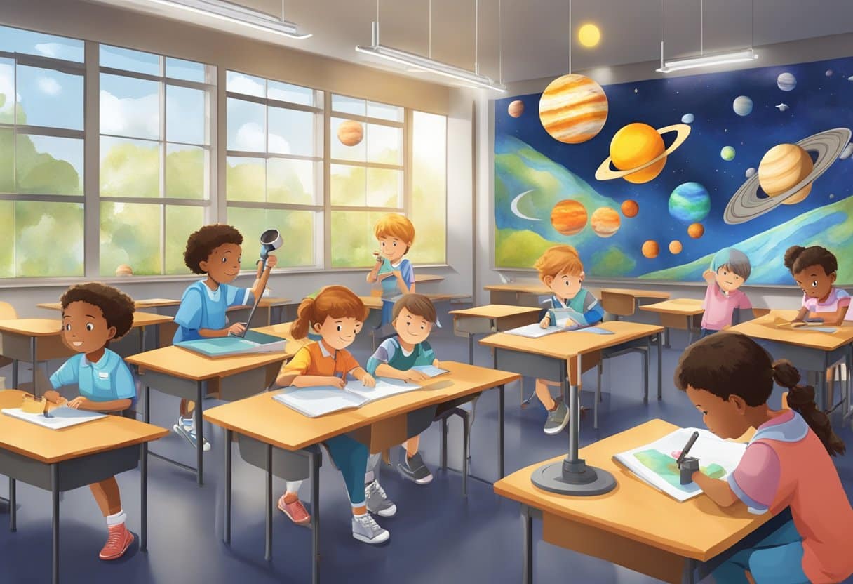 Advanced Earth and Space Techniques for Upper Primary Classes: Fun Ways to Explore Our Universe Earth and Space,Earth LearningMole Earth and Space: Progress tracking: A group of upper primary students conducting experiments with telescopes, models of the solar system, and space-themed artwork in a classroom