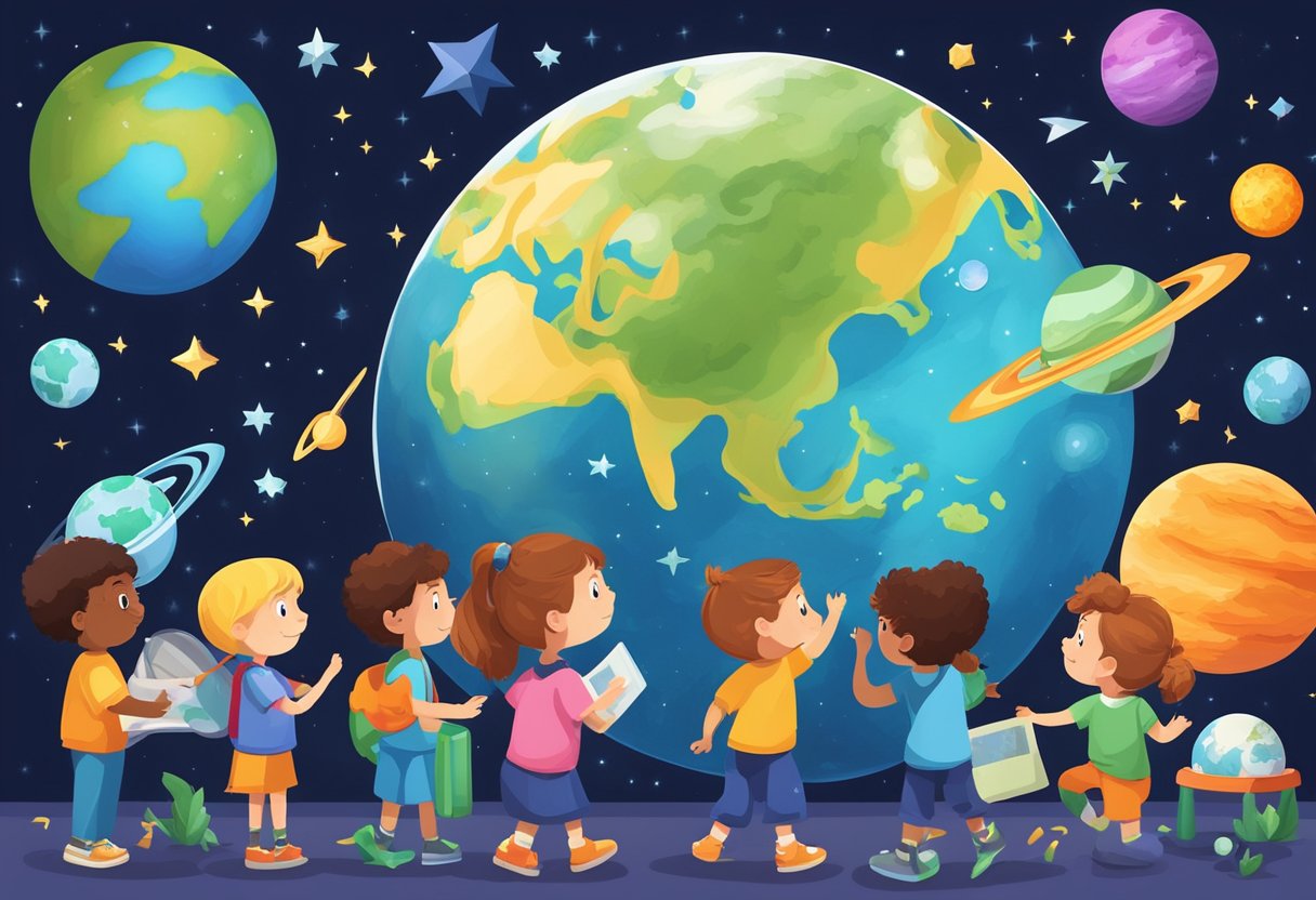 Interactive Earth and Space Resources: Engaging Young Learners Through Hands-on Activities and Digital Tools Earth and space,Earth LearningMole Earth and space: A group of children explore a colorful, interactive display of Earth and space resources, surrounded by stars, planets, and educational tools