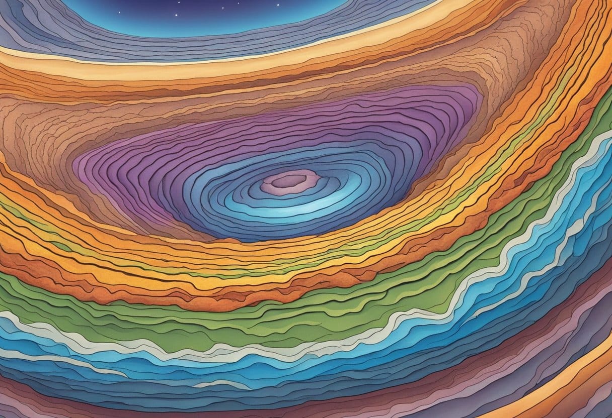 Advanced Earth and Space Techniques for Upper Primary Classes: Fun Ways to Explore Our Universe Earth and Space,Earth LearningMole Earth and Space: Progress tracking: A colorful illustration of Earth's layers, with vibrant depictions of the crust, mantle, outer core, and inner core, surrounded by swirling patterns representing the movement of tectonic plates and volcanic activity