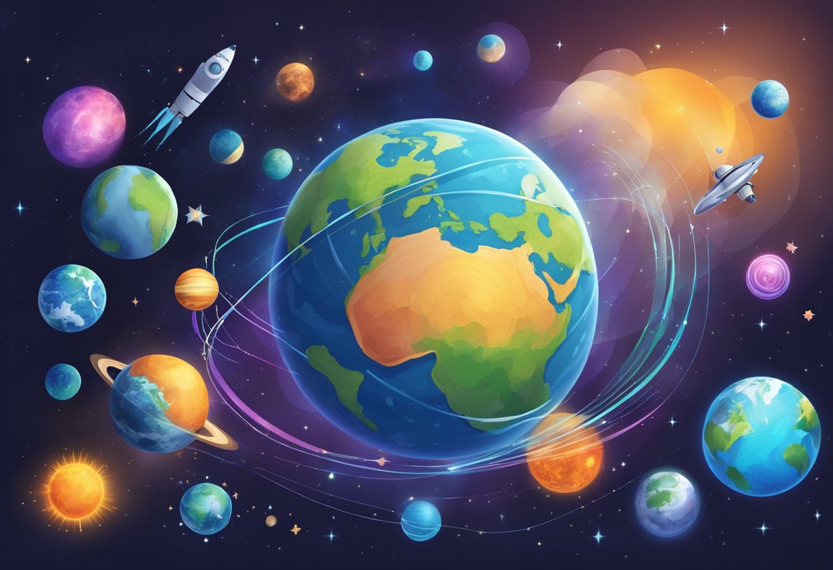 Interactive Earth and Space Resources: Engaging Young Learners Through Hands-on Activities and Digital Tools Earth and space,Earth LearningMole Earth and Space: A colorful and dynamic illustration of Earth and outer space, with various scientific and technological elements interacting to engage young learners