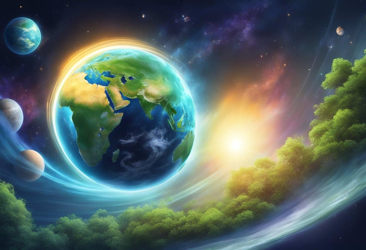 Advanced Earth and Space Techniques for Upper Primary Classes: Fun Ways to Explore Our Universe Earth and Space,Earth LearningMole Earth and Space: A vibrant Earth with swirling clouds, glowing sun, and green vegetation, surrounded by stars and planets in outer space