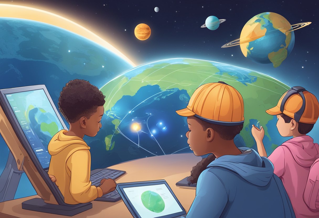 Interactive Earth and Space Resources: Engaging Young Learners Through Hands-on Activities and Digital Tools Earth and space,Earth LearningMole A group of young learners is gathered around a digital interactive Earth and space resource, eagerly exploring and engaging with the educational materials