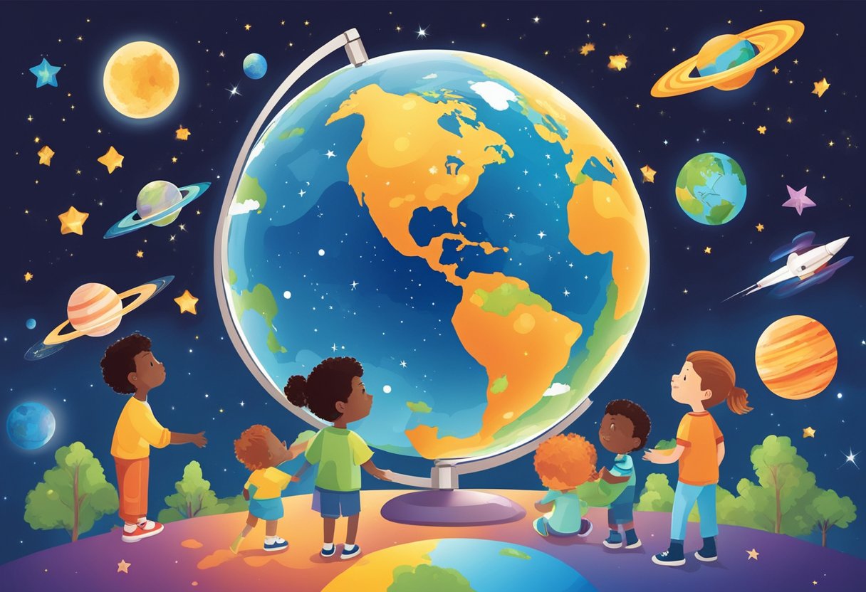 Interactive Earth and Space Resources: Engaging Young Learners Through Hands-on Activities and Digital Tools Earth and space,Earth LearningMole Space and Earth: A colorful, interactive globe surrounded by stars, planets, and rockets, with children eagerly exploring and learning about Earth and space