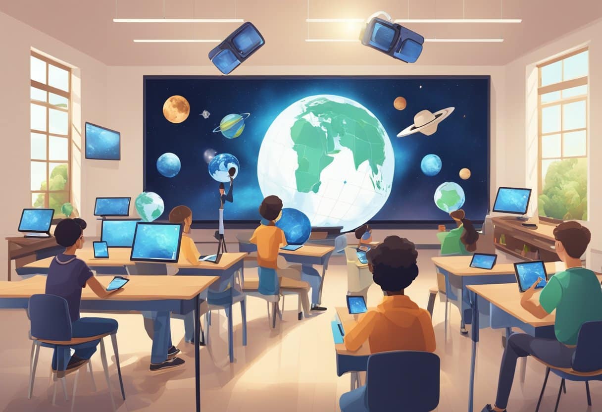 Advanced Earth and Space Techniques for Upper Primary Classes: Fun Ways to Explore Our Universe Earth and Space,Earth LearningMole Earth and Space: A classroom setting with students using tablets and VR headsets to explore Earth and space concepts, with a large globe and telescope in the background