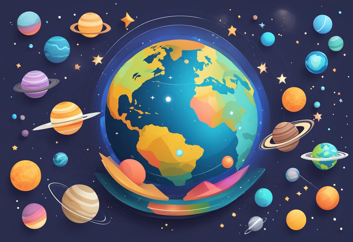 Interactive Earth and Space Resources: Engaging Young Learners Through Hands-on Activities and Digital Tools Earth and space,Earth LearningMole Earth and Space: A colorful, interactive digital globe surrounded by floating planets and stars, with educational icons and symbols emanating from the surface