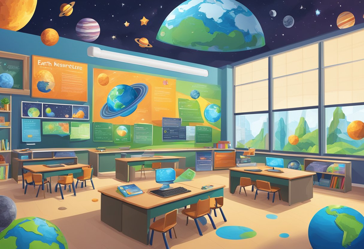 Interactive Earth and Space Resources: Engaging Young Learners Through Hands-on Activities and Digital Tools Earth and space,Earth LearningMole A vibrant Earth and space-themed classroom with interactive displays, colorful posters, and engaging educational resources