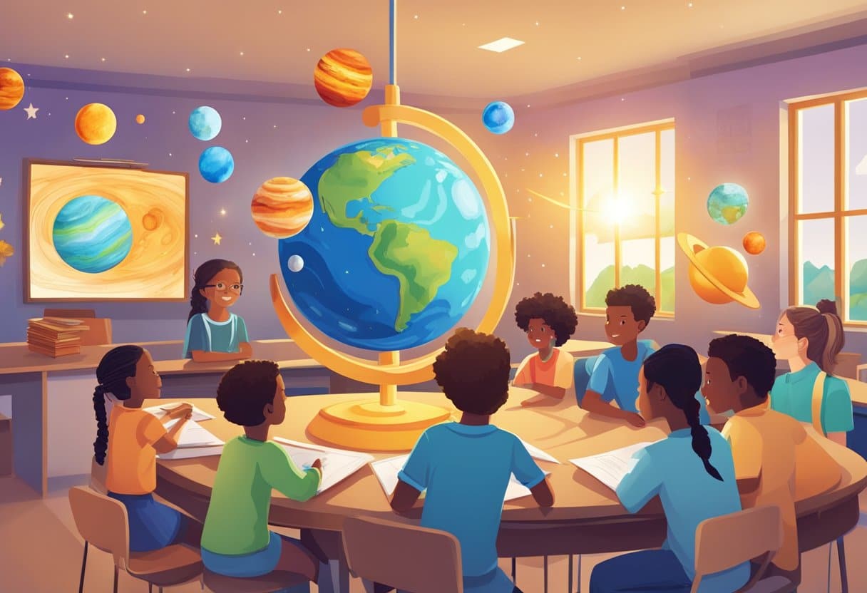 Real-Life Applications of Earth & Space in Primary Education: Bringing the Cosmos to the Classroom Earth and Space,Science LearningMole Earth and Space: A group of young students observe a model solar system, with planets revolving around the sun, in a colorful and engaging classroom setting