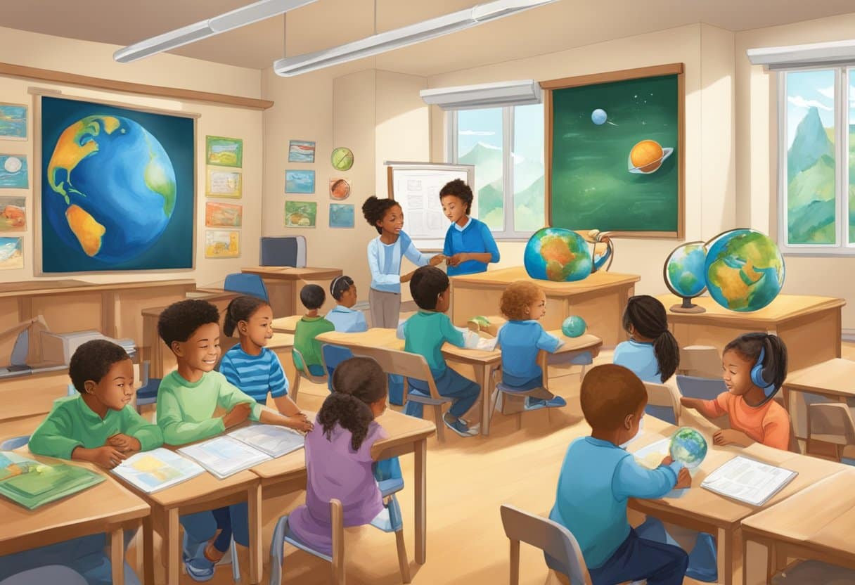 Real-Life Applications of Earth & Space in Primary Education: Bringing the Cosmos to the Classroom Earth and Space,Science LearningMole A classroom setting with young students engaged in hands-on activities related to Earth and space, with educational materials and resources displayed