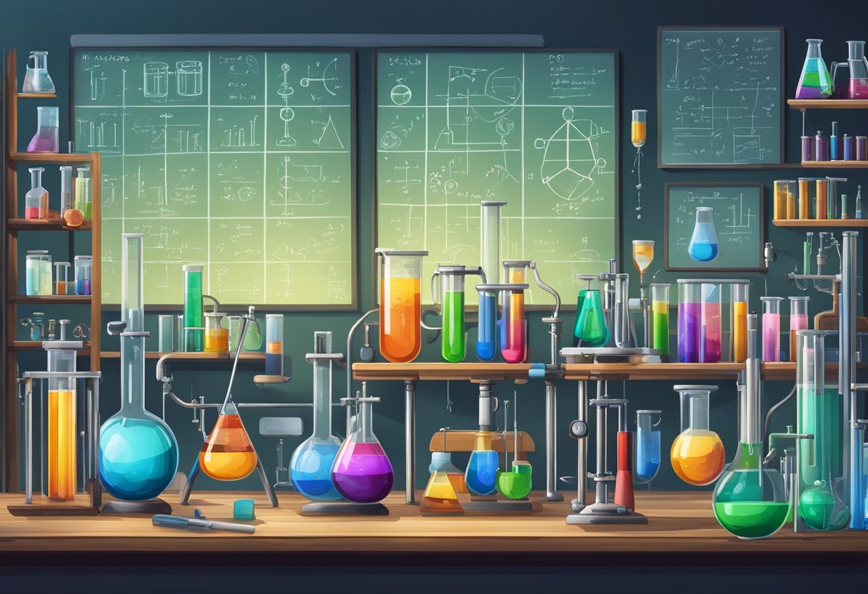 Exploring New Trends in Experiments Education: Innovative Teaching Methods experiment LearningMole A laboratory filled with various scientific equipment and tools, with colorful liquids in beakers and test tubes, and a chalkboard covered in equations and diagrams