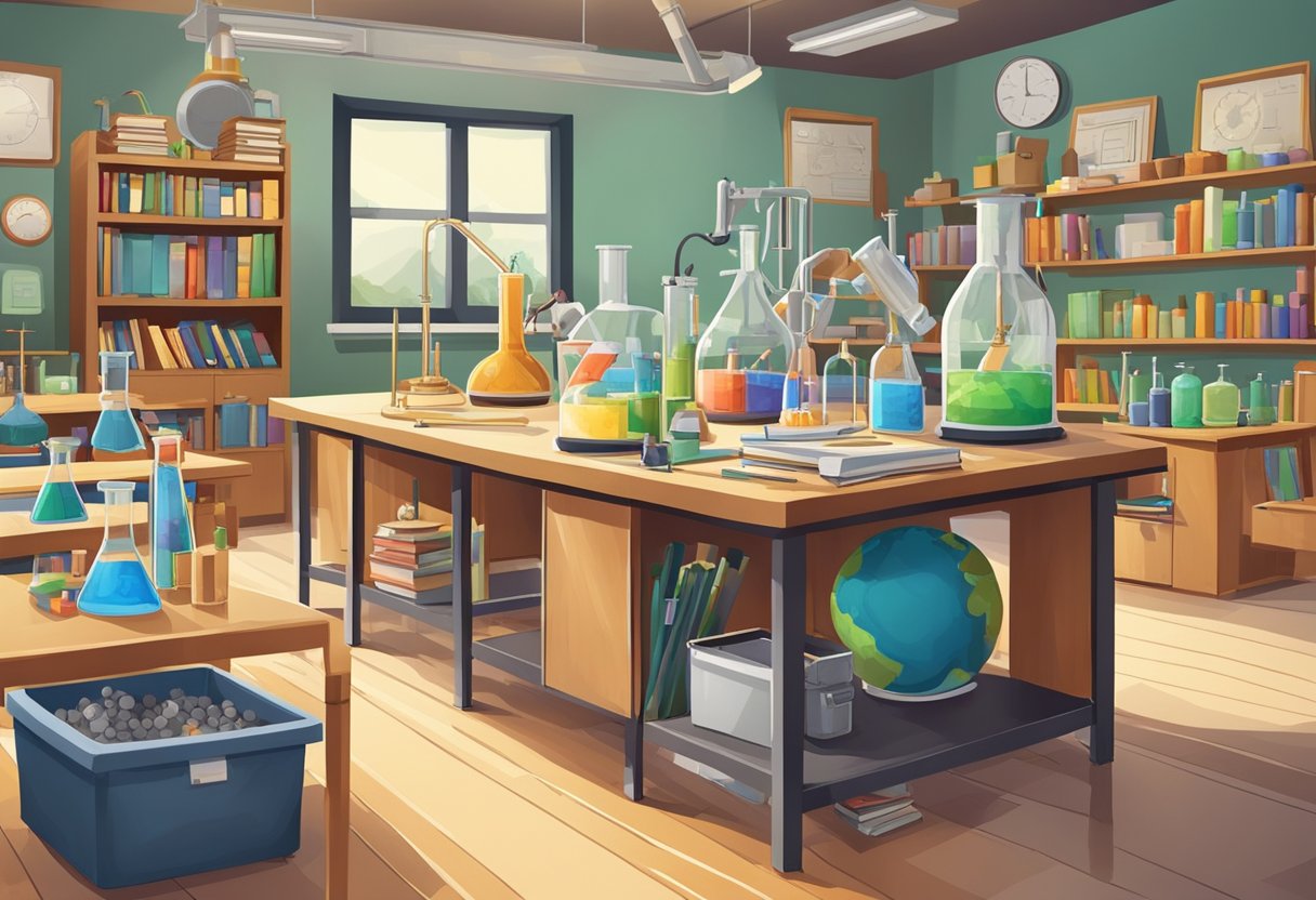Experiments in Cross-Curricular Learning: 7 Engaging Ways experiments,education LearningMole A science experiment set up in a classroom with various materials and equipment, surrounded by textbooks from different subjects like history, math, and language arts