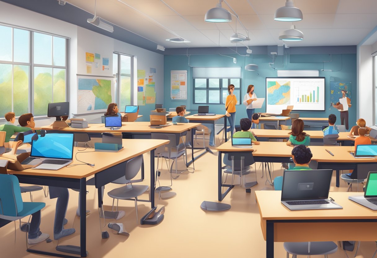 Exploring New Trends in Experiments Education: Innovative Teaching Methods experiment LearningMole A classroom filled with innovative educational tools, including virtual reality headsets, interactive whiteboards, and 3D printers