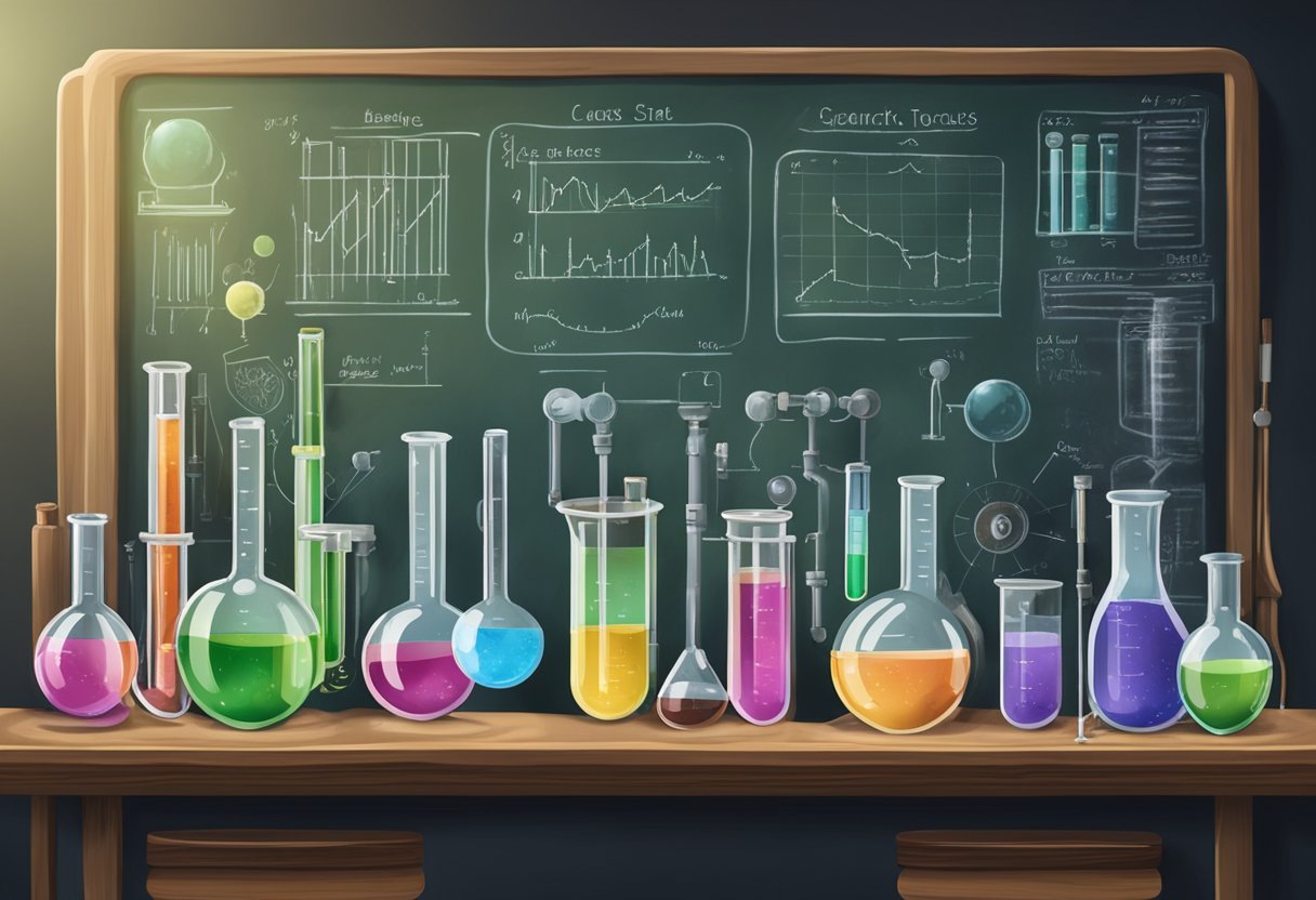 Exploring New Trends in Experiments Education: Innovative Teaching Methods experiment LearningMole A group of test tubes, beakers, and scientific equipment arranged on a laboratory table, with a chalkboard in the background displaying various research topics