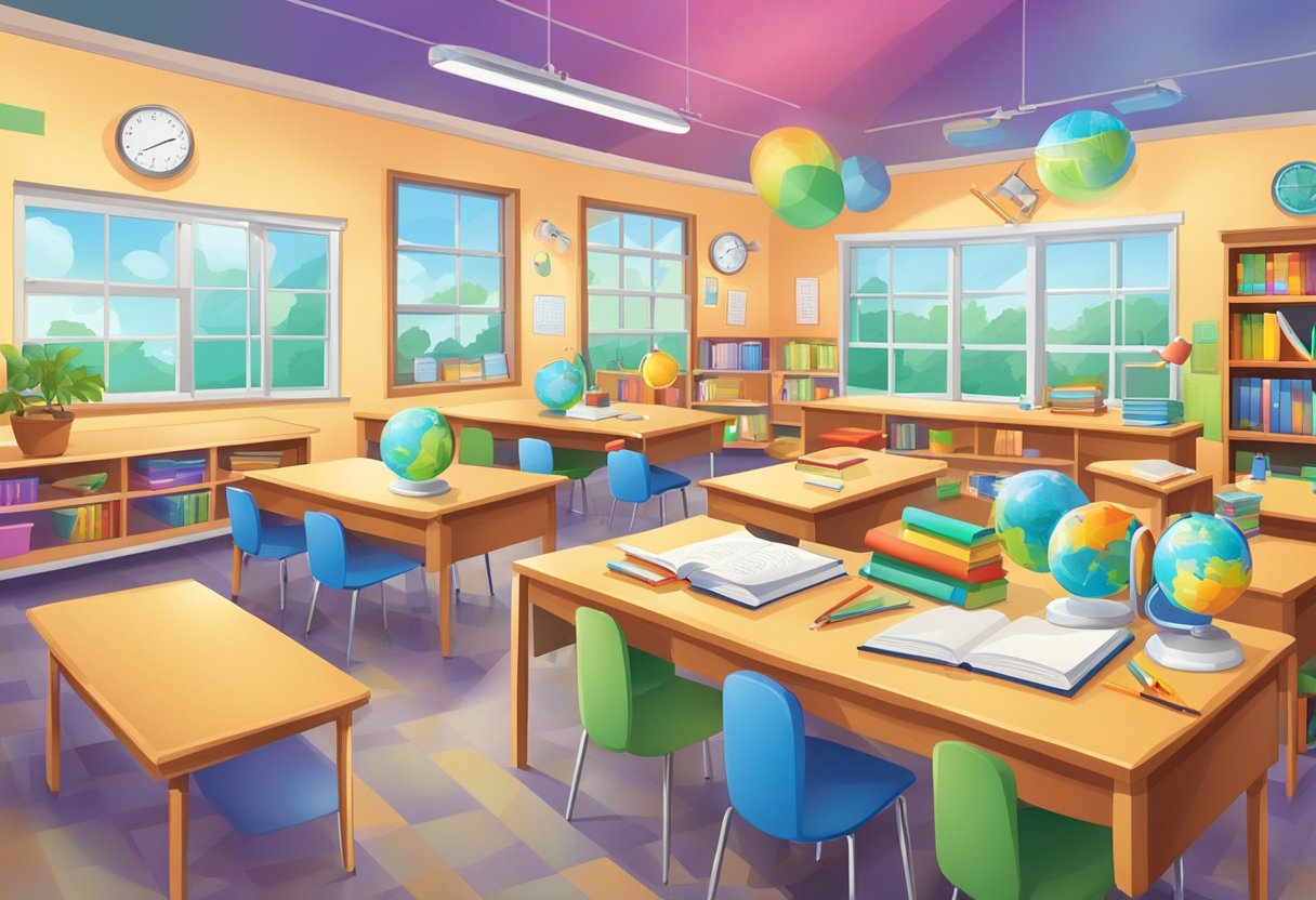 Experiments in Cross-Curricular Learning: 7 Engaging Ways experiments,education LearningMole A colorful classroom with science equipment, math tools, and literature books arranged on desks, showing the integration of subjects