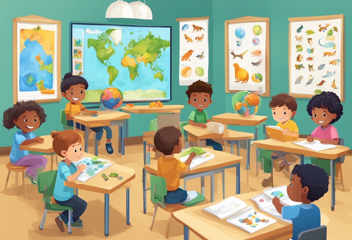 A classroom with kids engaging in activities like drawing animals, examining animal models, and learning about the human body through interactive games and charts