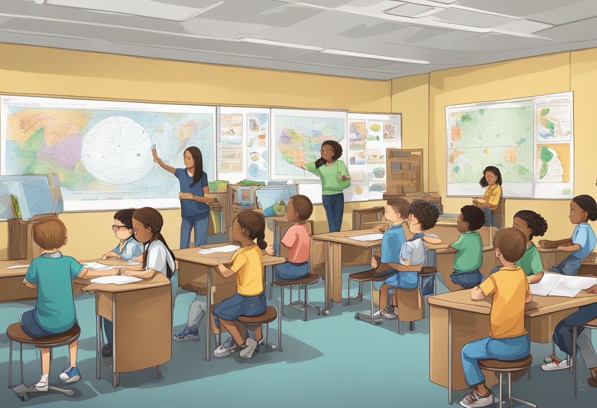 A classroom setting with students engaged in hands-on activities related to genetics and heredity, with posters and diagrams of human body and animals on the walls