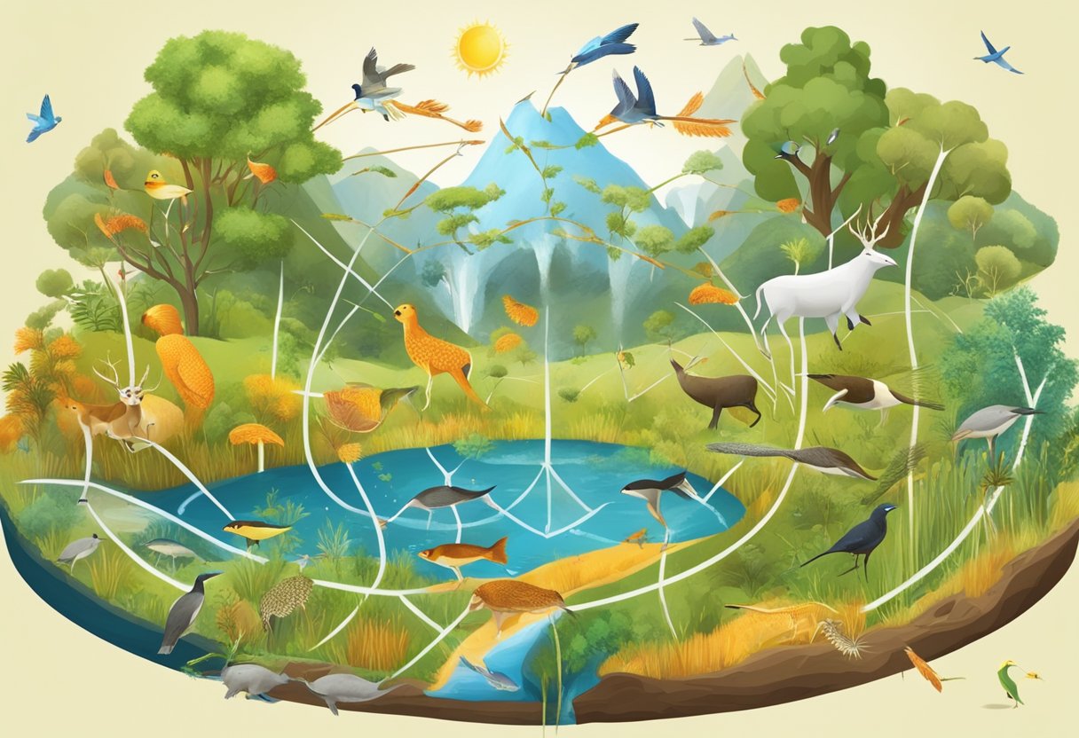 A colorful food web with arrows connecting different animals and plants, showcasing the flow of energy and nutrients through a diverse ecosystem