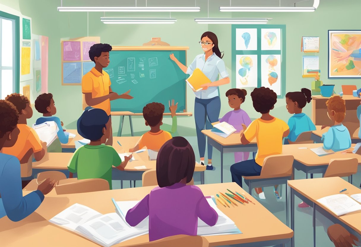 A classroom with colorful posters of human body and animals, students engaged in hands-on activities, and a teacher leading a lively discussion