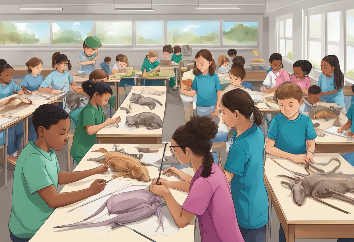 A classroom with students engaged in activities like dissecting animal models, drawing body parts, and observing live animals