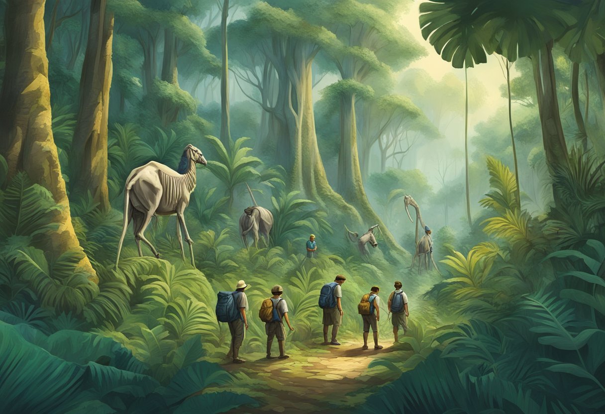 New Trends in Human Body and Animals Education: Fresh Approaches Human and Animal Body,education LearningMole A group of explorers uncovering ancient animal skeletons in a lush jungle, surrounded by towering trees and exotic wildlife