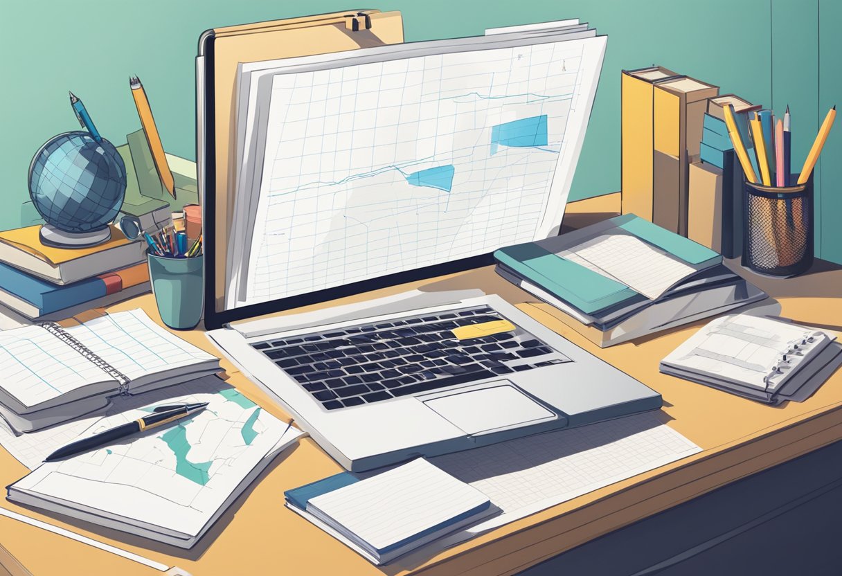 A desk with a notebook and pen, surrounded by scattered papers and books. A progress chart on the wall shows a steady increase
