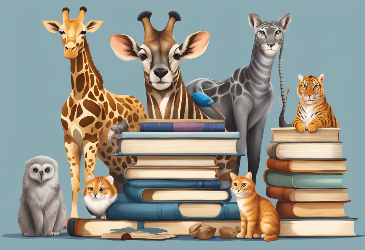 New Trends in Human Body and Animals Education: Fresh Approaches Human and Animal Body,education LearningMole A diverse group of animals gathered around a stack of books and educational materials, engaging in various activities related to human and animal anatomy