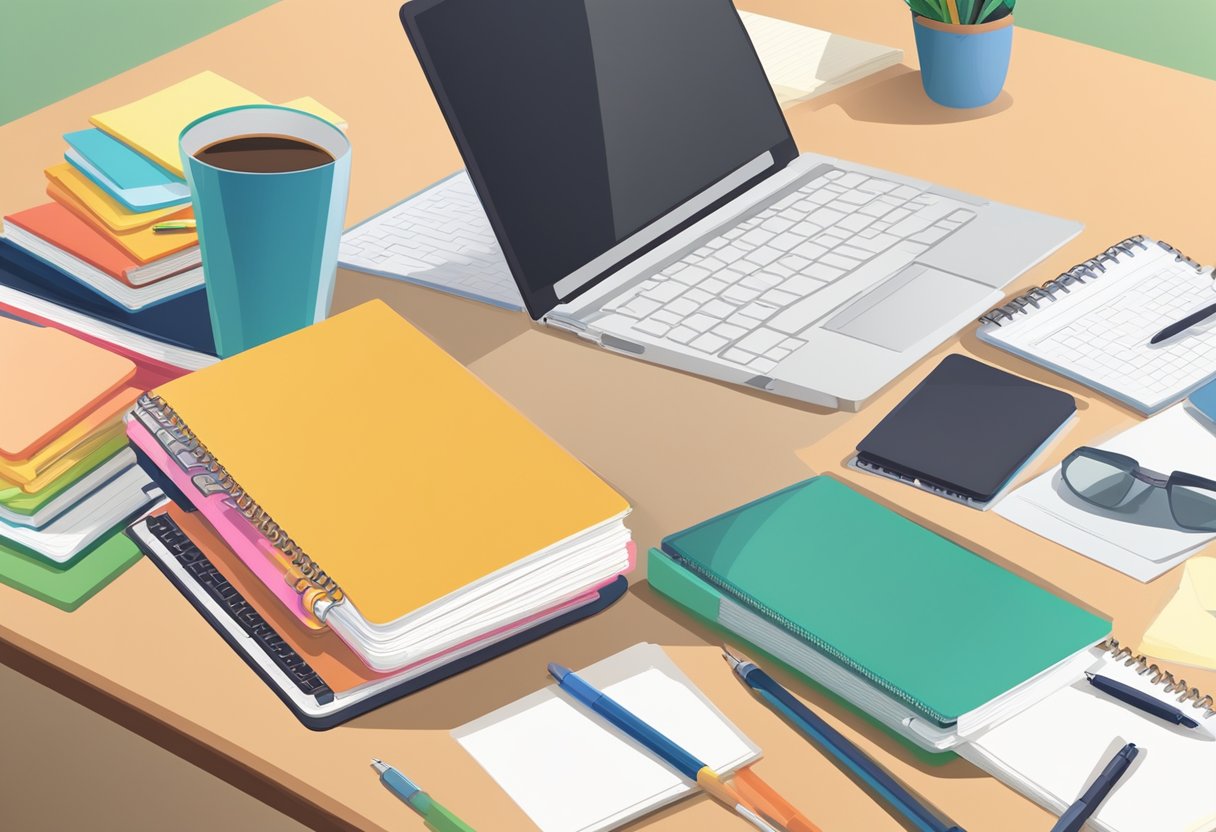 A stack of colorful notebooks, a pen, and a laptop on a desk. A bulletin board with progress charts and creative writing prompts