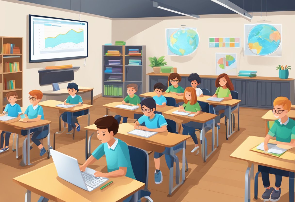 A modern classroom with students using laptops and tablets for writing. A teacher monitors progress on a digital dashboard