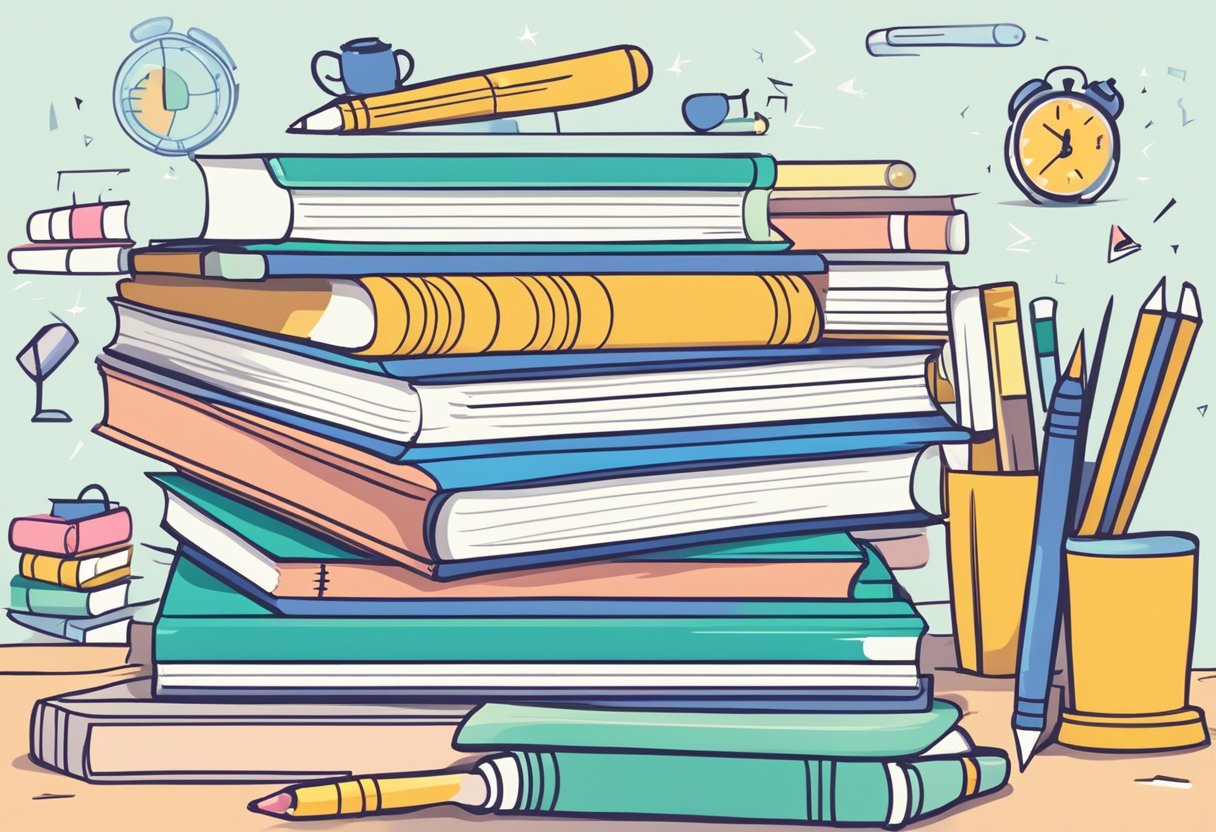 A stack of grammar books surrounded by colorful illustrations and writing utensils