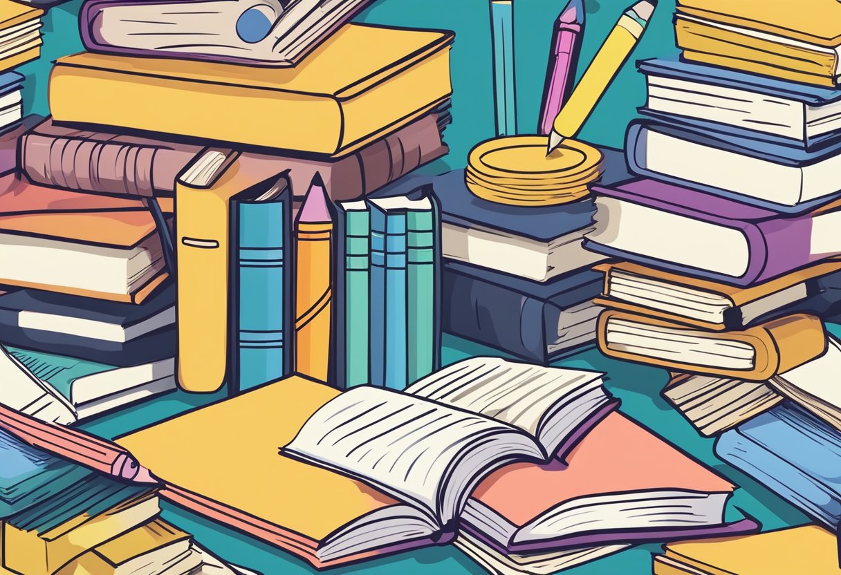 A stack of grammar books surrounded by colorful writing utensils and a notebook filled with neatly written examples and exercises