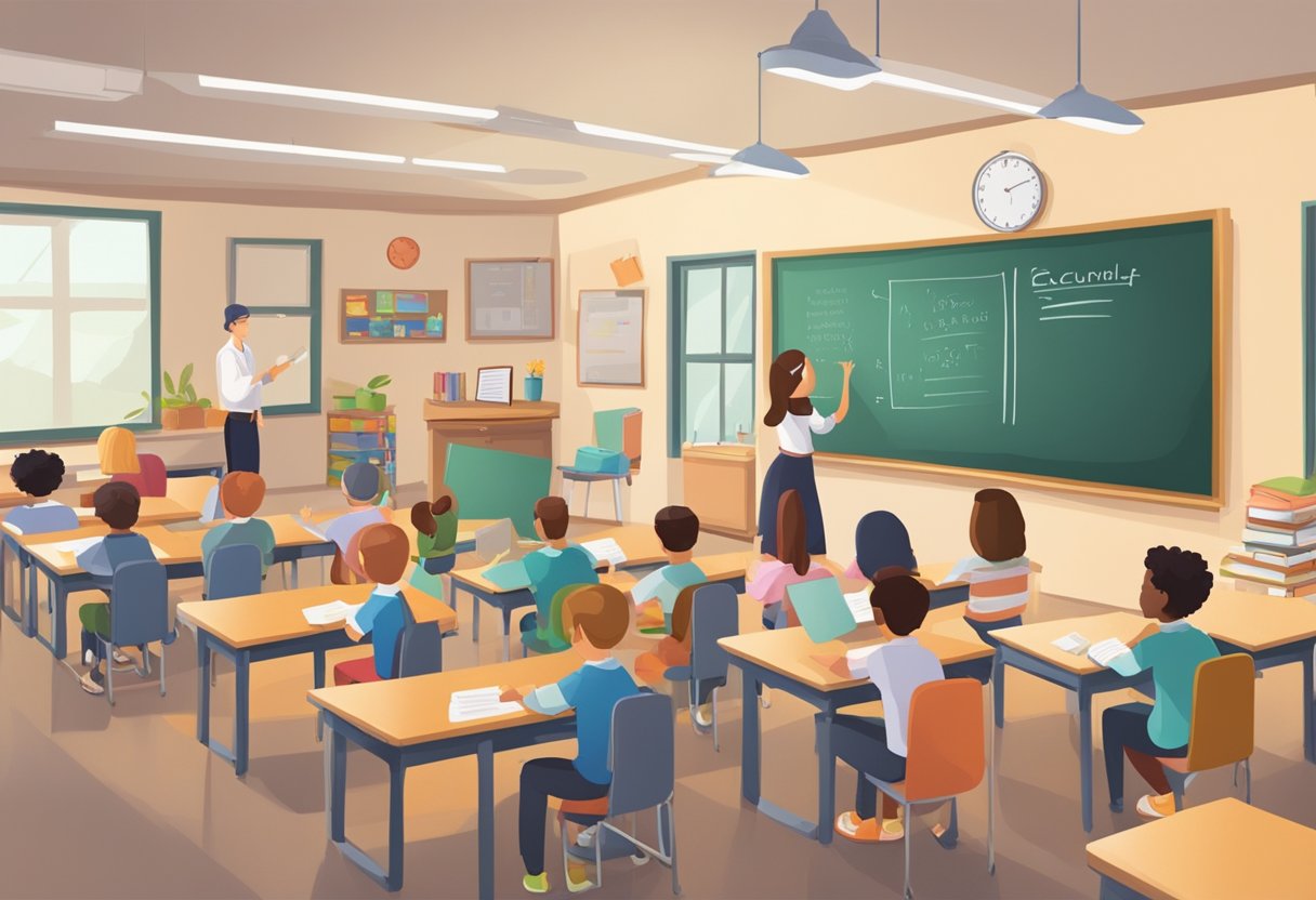 A classroom setting with books, a chalkboard, and students engaged in grammar exercises