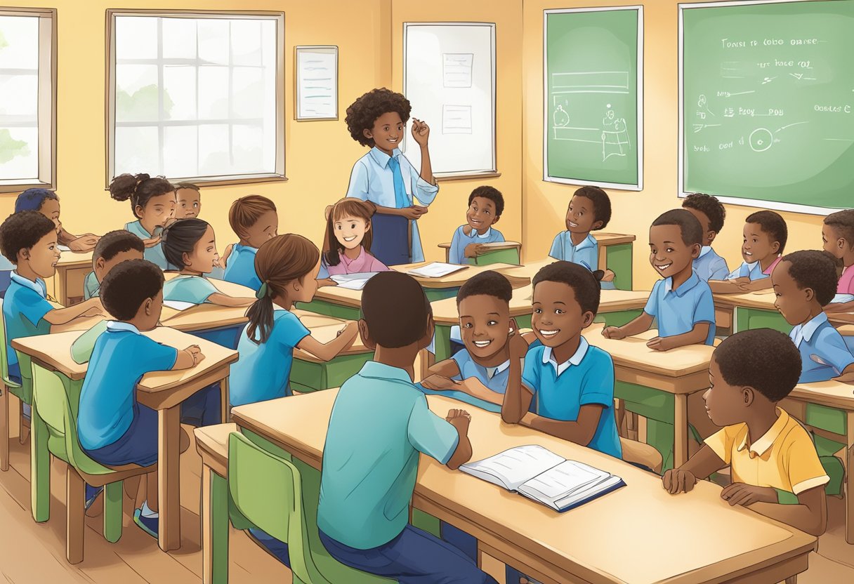 A group of advanced learners engage in grammar activities, exploring complex sentence structures and advanced grammar techniques in an upper primary classroom setting