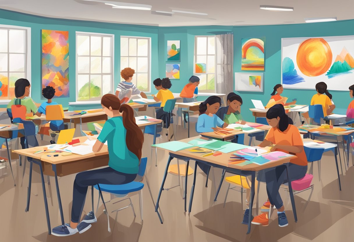 A classroom with students working on various drawing and painting projects, with colorful art supplies scattered on tables and vibrant artwork displayed on the walls