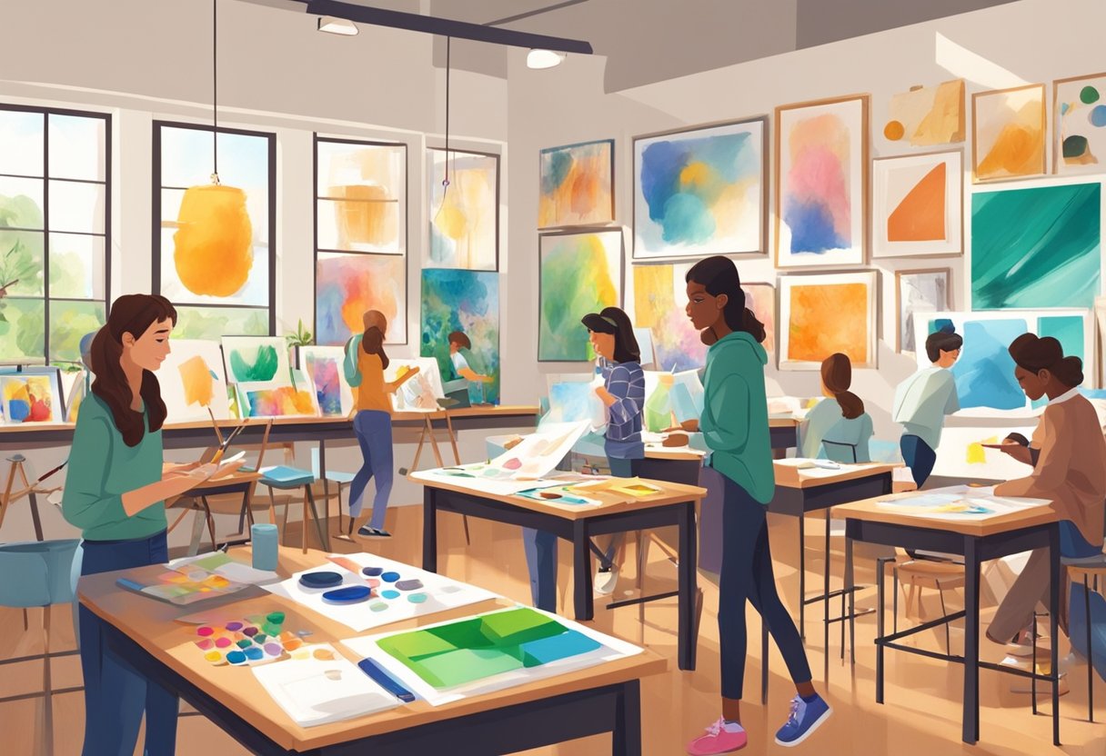 A group of students working on various drawing and painting projects in a well-lit art classroom, surrounded by art supplies and colorful artwork displayed on the walls