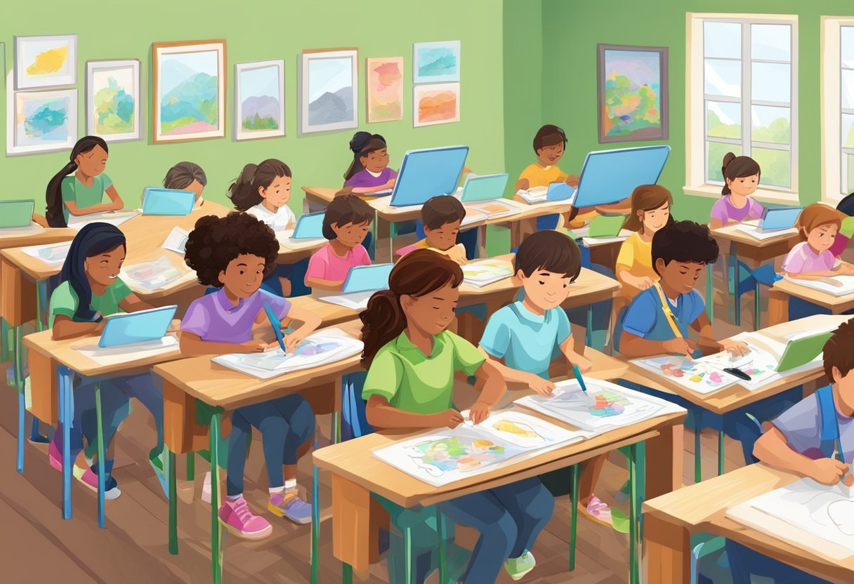 A classroom with students using digital tablets and styluses to create colorful and detailed drawings and paintings. The teacher is guiding and assisting the students as they work on their projects