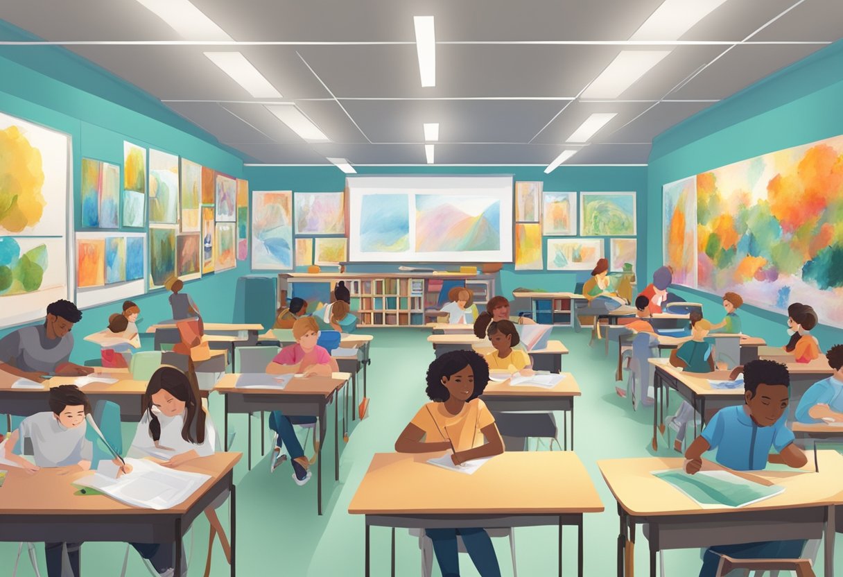 A classroom filled with students working on drawing and painting projects, surrounded by colorful artwork displayed on the walls