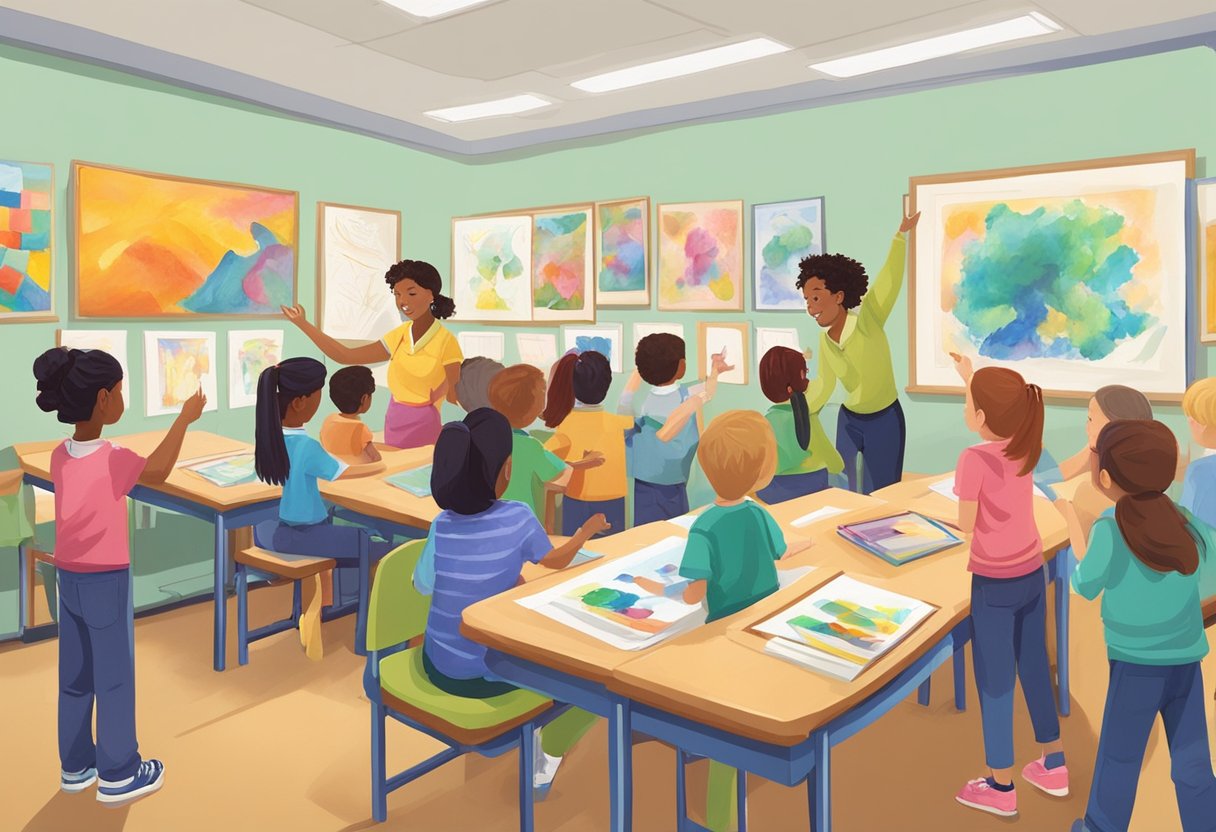 Arts and Craft for Primary Students: A Comprehensive Guide arts and craft,creativity,drawing LearningMole A colorful display of student artwork adorns the walls of a classroom, showcasing a variety of mediums and techniques. An enthusiastic teacher gestures towards the artwork, engaging with a group of young students