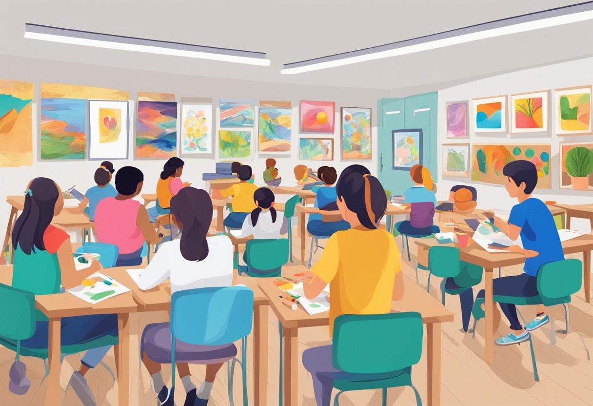 A classroom with students of various ages and skill levels working on drawing and painting projects. The room is filled with colorful art supplies and finished artworks displayed on the walls