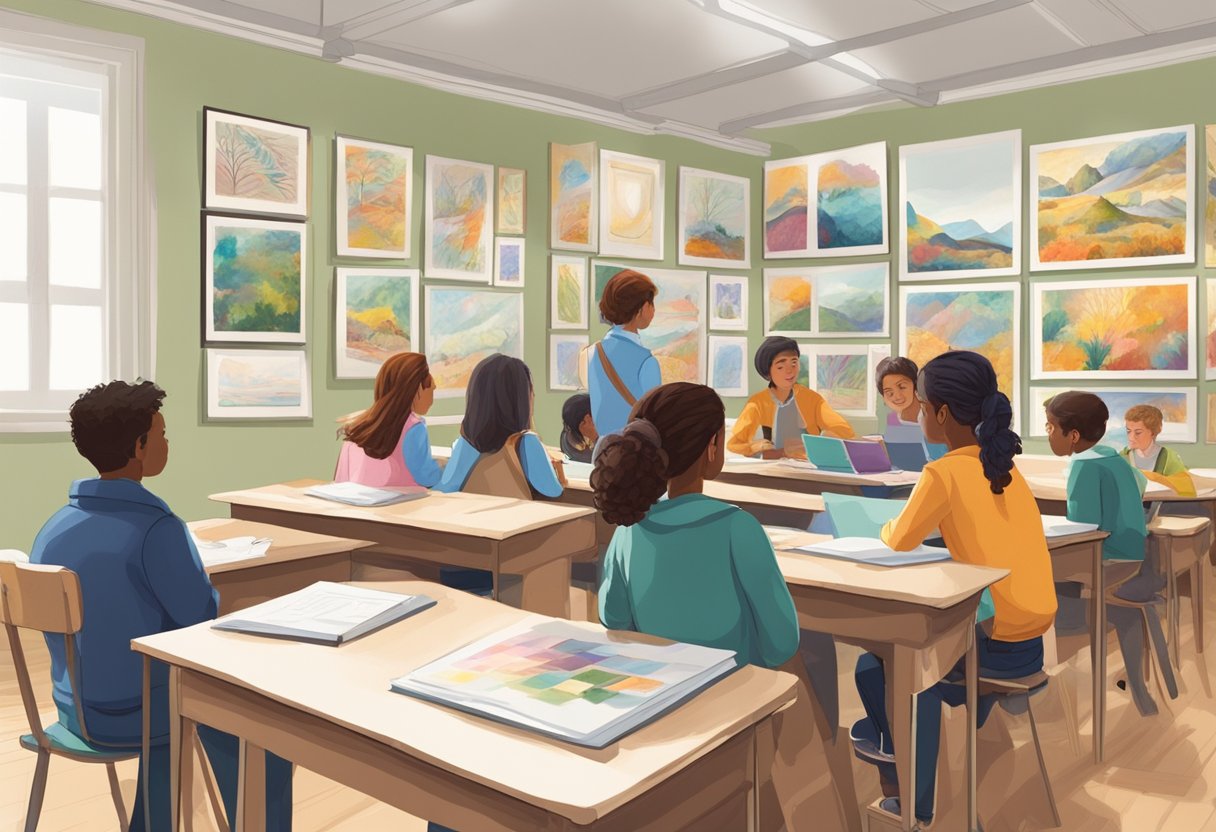 A classroom with vibrant paintings and detailed drawings displayed on the walls, while students eagerly discuss their creative process with their teacher