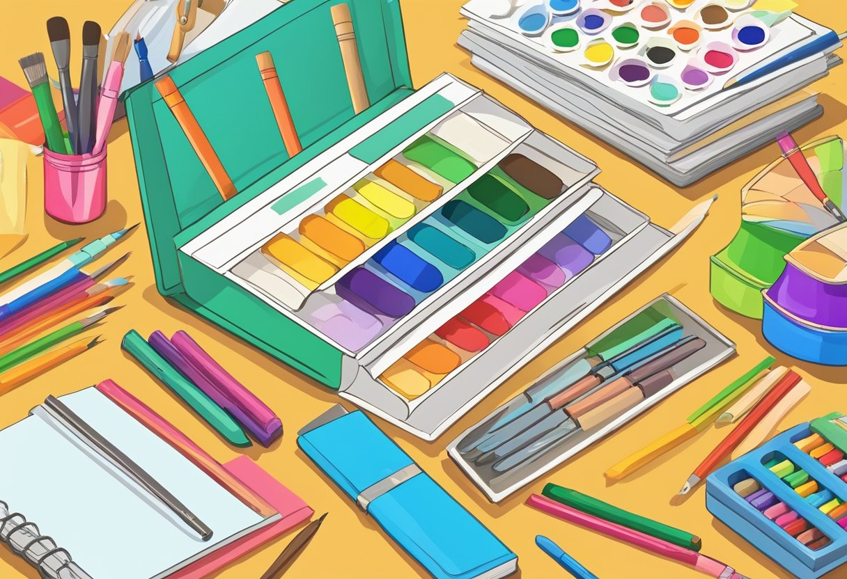 Arts and Craft for Primary Students: A Comprehensive Guide arts and craft,creativity,drawing LearningMole A colorful display of art supplies, including paintbrushes, markers, paper, and scissors, arranged neatly on a table with a book titled "Frequently Asked Questions Comprehensive Guide to Arts & Craft for Primary Students" open to a page with vibrant illustrations