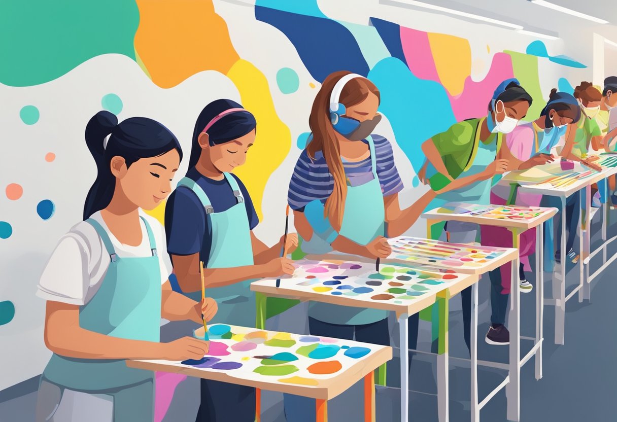 A group of students eagerly paint colorful murals on the walls of their school, using innovative techniques and creative ideas for their art projects