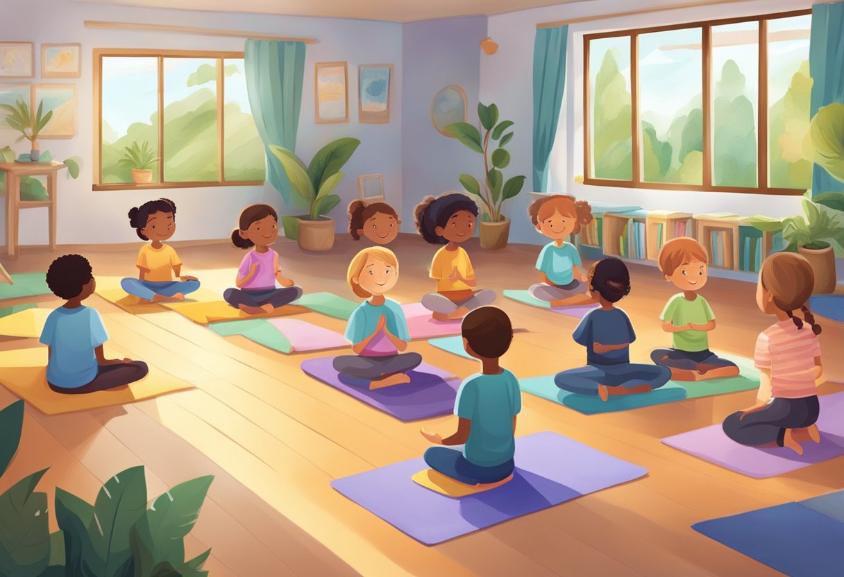 Primary Education Mindfulness Resources: Supporting Wellbeing Mindfulness,Mindfulness resources LearningMole A calm and focused classroom environment with children engaged in mindfulness activities, such as yoga or meditation, surrounded by peaceful and nature-inspired decor