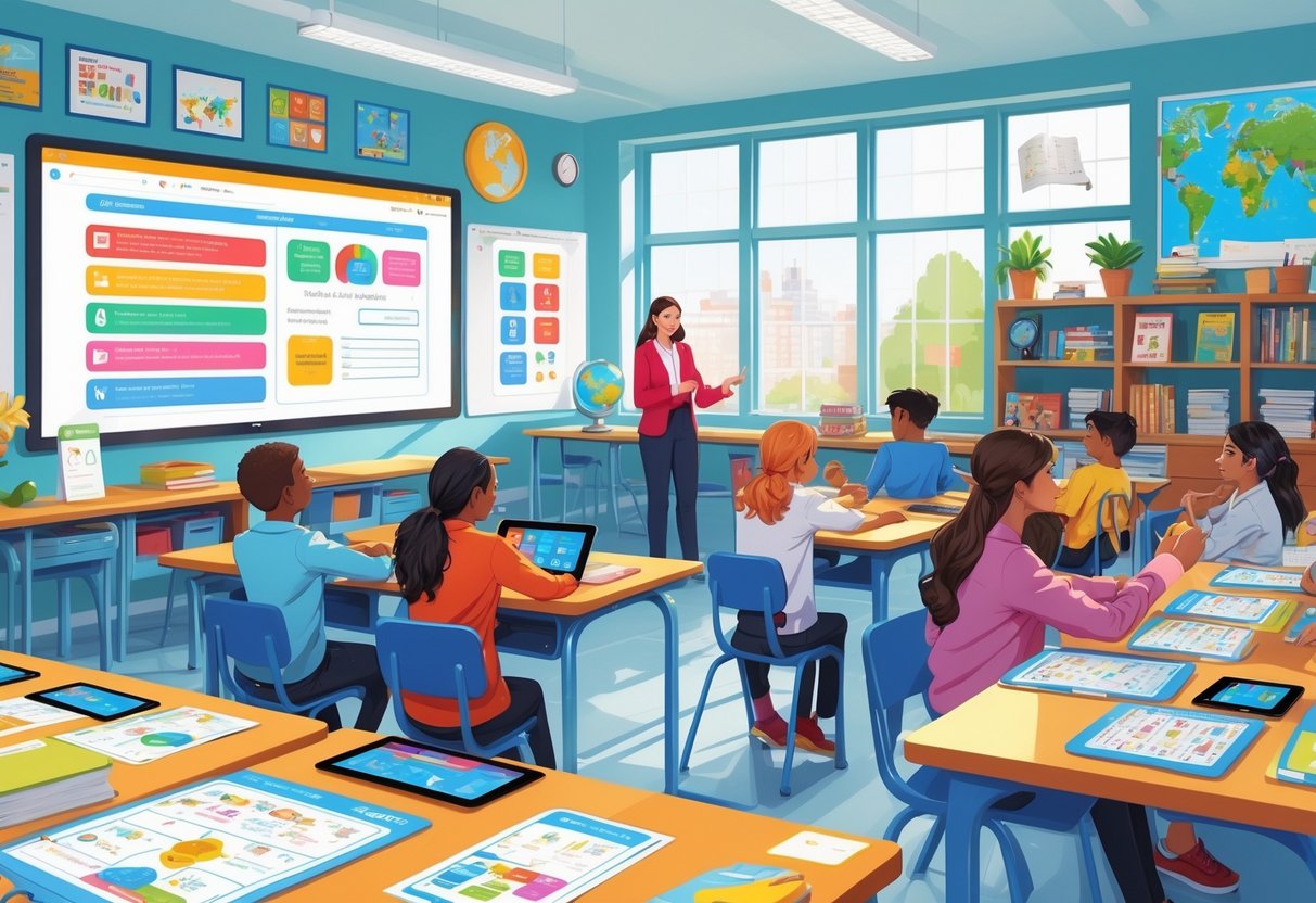 Teaching Resources UK: Essential Guides, Tools & Lesson Plans LearningMole A classroom with a teacher and students using digital tablets and printed worksheets surrounded by teaching materials and educational resources.