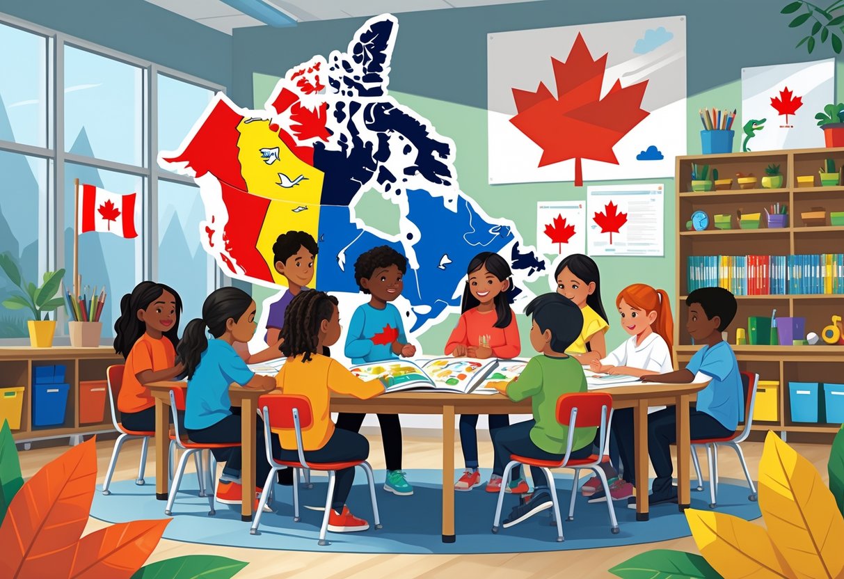 Teaching Resources Canada: Comprehensive Guide for Teachers LearningMole A group of diverse students working together in a bright classroom with Canadian cultural and natural elements in the background.