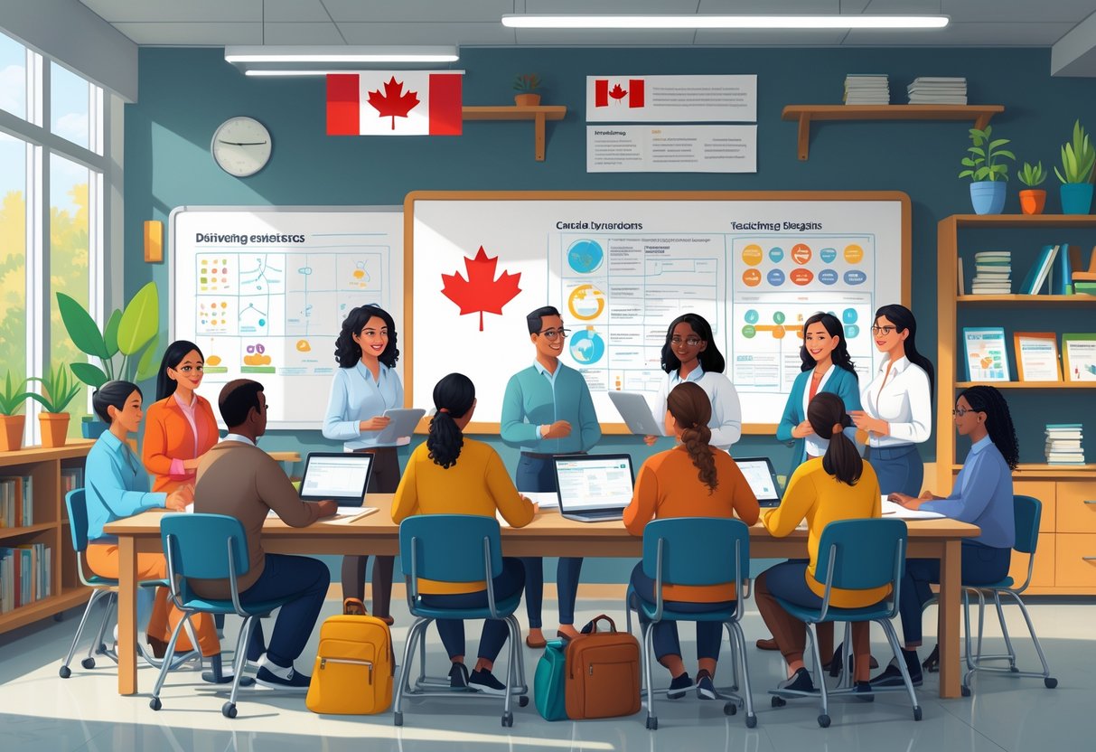 Teaching Resources Canada: Comprehensive Guide for Teachers LearningMole A group of teachers in a classroom working together during a professional development session with educational materials and Canadian cultural elements visible.
