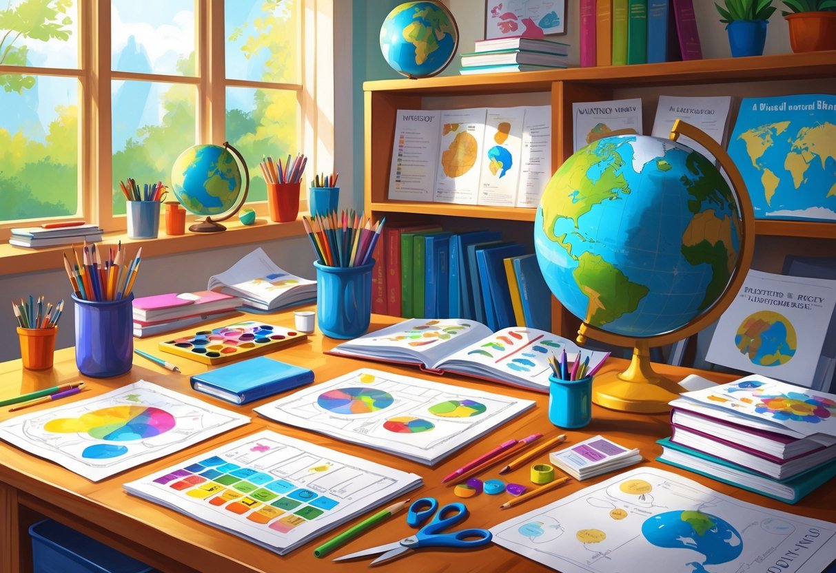 Free Teaching Resources: The Ultimate Guide for Educators LearningMole A bright classroom desk with art supplies, books, a globe, and educational materials related to creative arts and social studies.