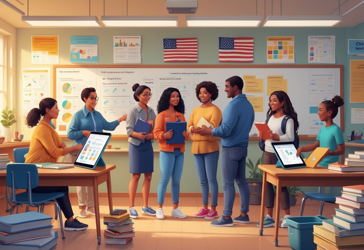 Teaching Resources USA: A Comprehensive Guide for Educators LearningMole A group of teachers and students in a modern classroom using various educational materials, with an American flag visible in the background.