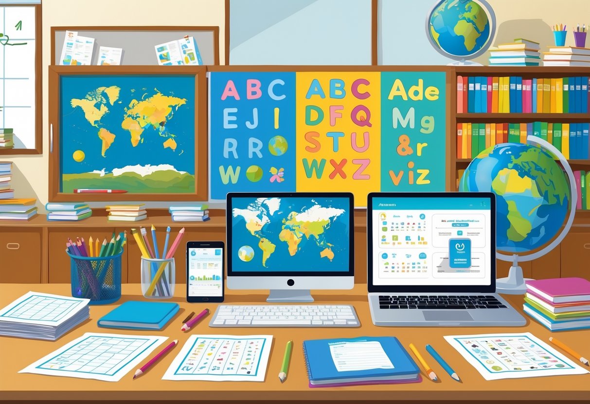 Teaching Resources USA: A Comprehensive Guide for Educators LearningMole A classroom workspace with printed worksheets, digital devices, stationery, bookshelves, a whiteboard, and a globe, showing various teaching resources.