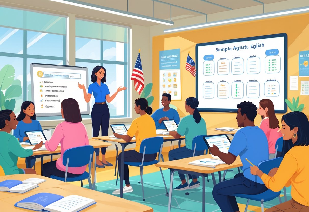 Teaching Resources USA: A Comprehensive Guide for Educators LearningMole A diverse group of adult learners and a teacher in a bright classroom engaged in an English lesson with visual aids and tablets.