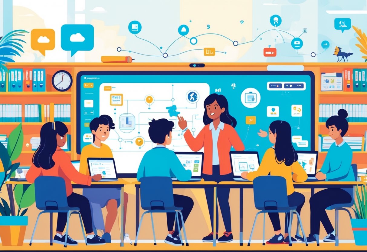 Free Teaching Resources: The Ultimate Guide for Educators LearningMole A classroom with students and a teacher using tablets and laptops, surrounded by digital learning tools and educational materials.